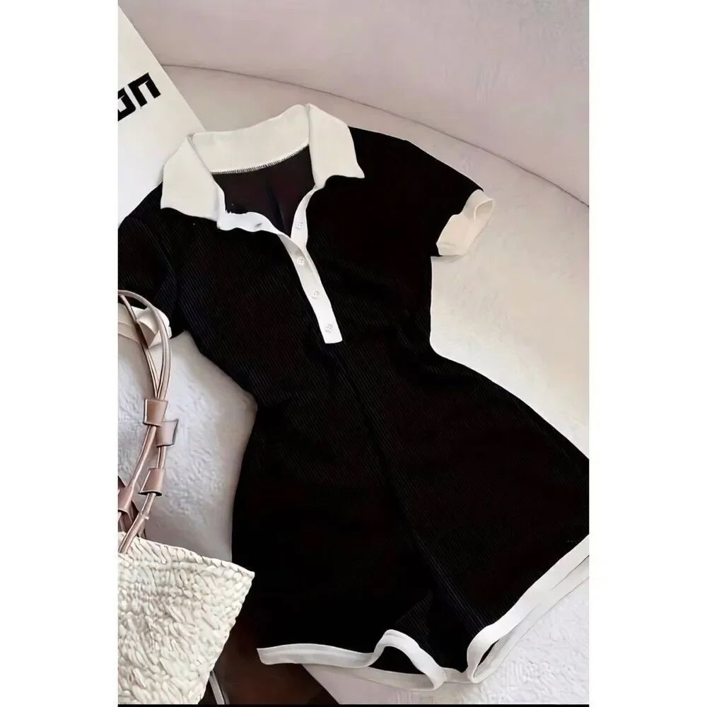 Black Ribbed Romper Polo Collar Short Sleeve Size S Stretch